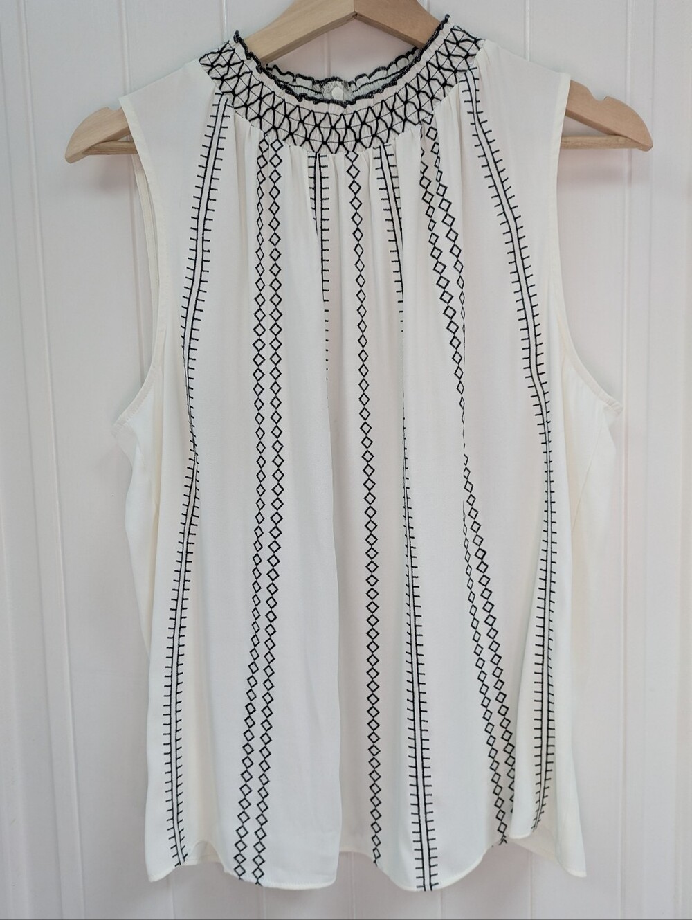 White House Black Market White Blouse with Black Stripe Embroidery